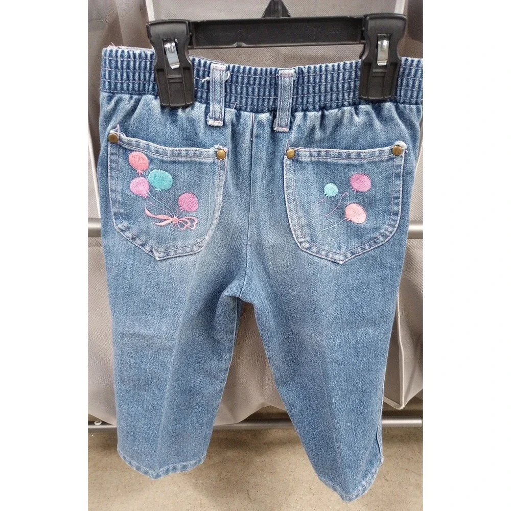Vintage 80s Girls Embroidered Jeans Balloons Kinda Kute 2T Pink Purple Blue VGUC